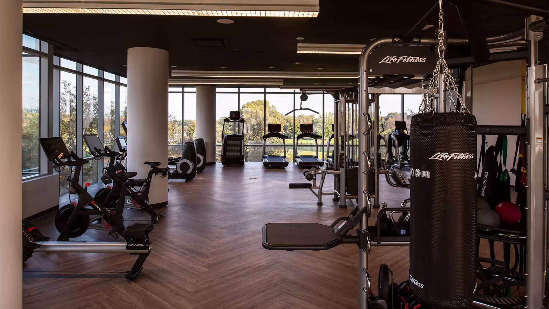 State-of-the-art fitness room wth Peloton bikes